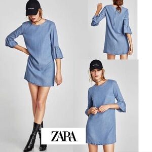 Zara Chambray Ruffle 3/4 Sleeve Light Denim Mini Dress Size M